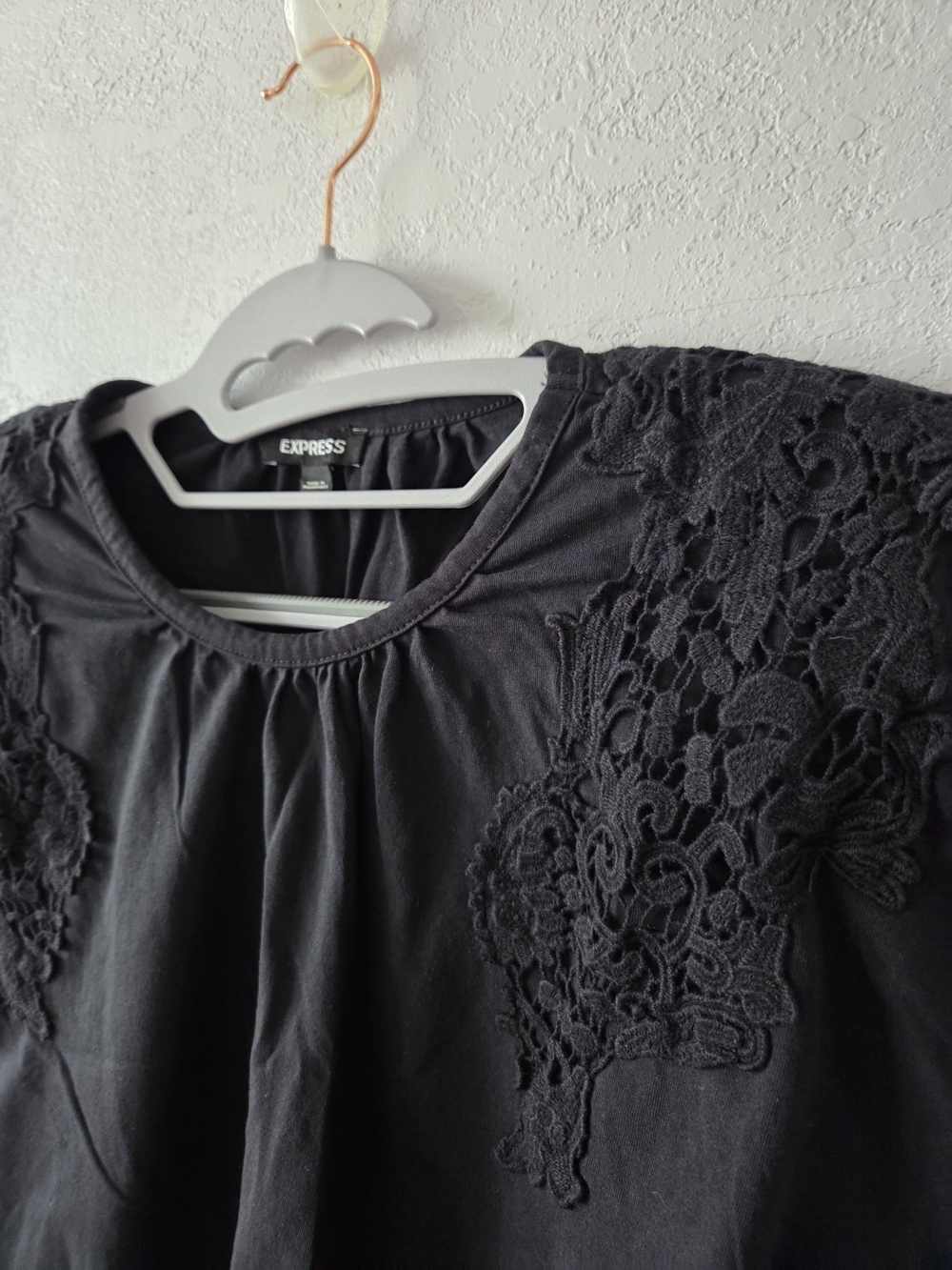 Express Black Crochet-Shoulder Short Sleeve Top - Picture 2 of 6